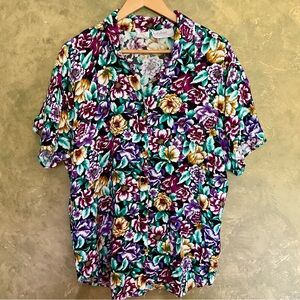 Vintage 90s Balaban | Floral Short Sleeve Button Down | XL | Rayon